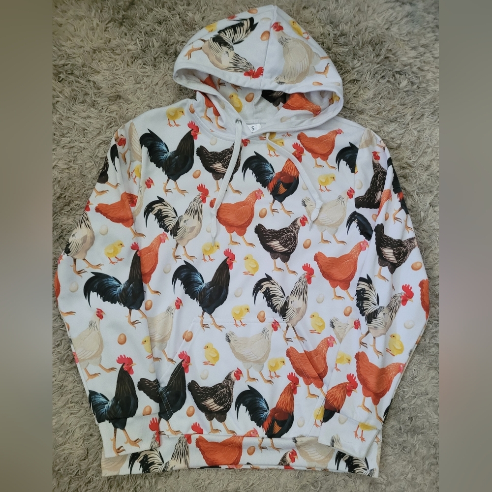 Women's White Hoodie Sweatshirt with Rooster Print